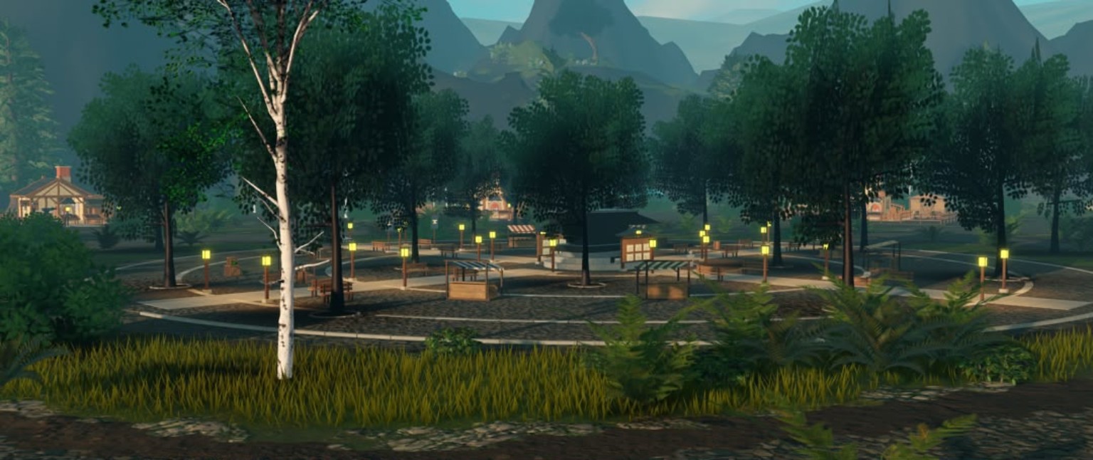 Village square surrounded by trees